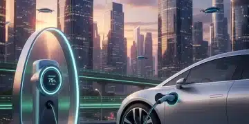 Modern electric vehicle charging at a public station with city lights in the background.