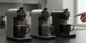 Three advanced 2026 home coffee makers brewing coffee on a modern kitchen counter.