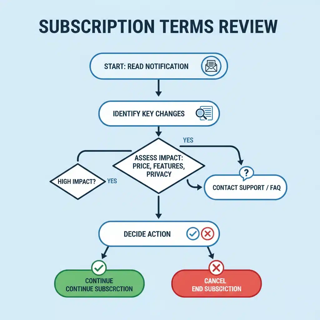 Flowchart for consumers to understand and act on new subscription terms and conditions.