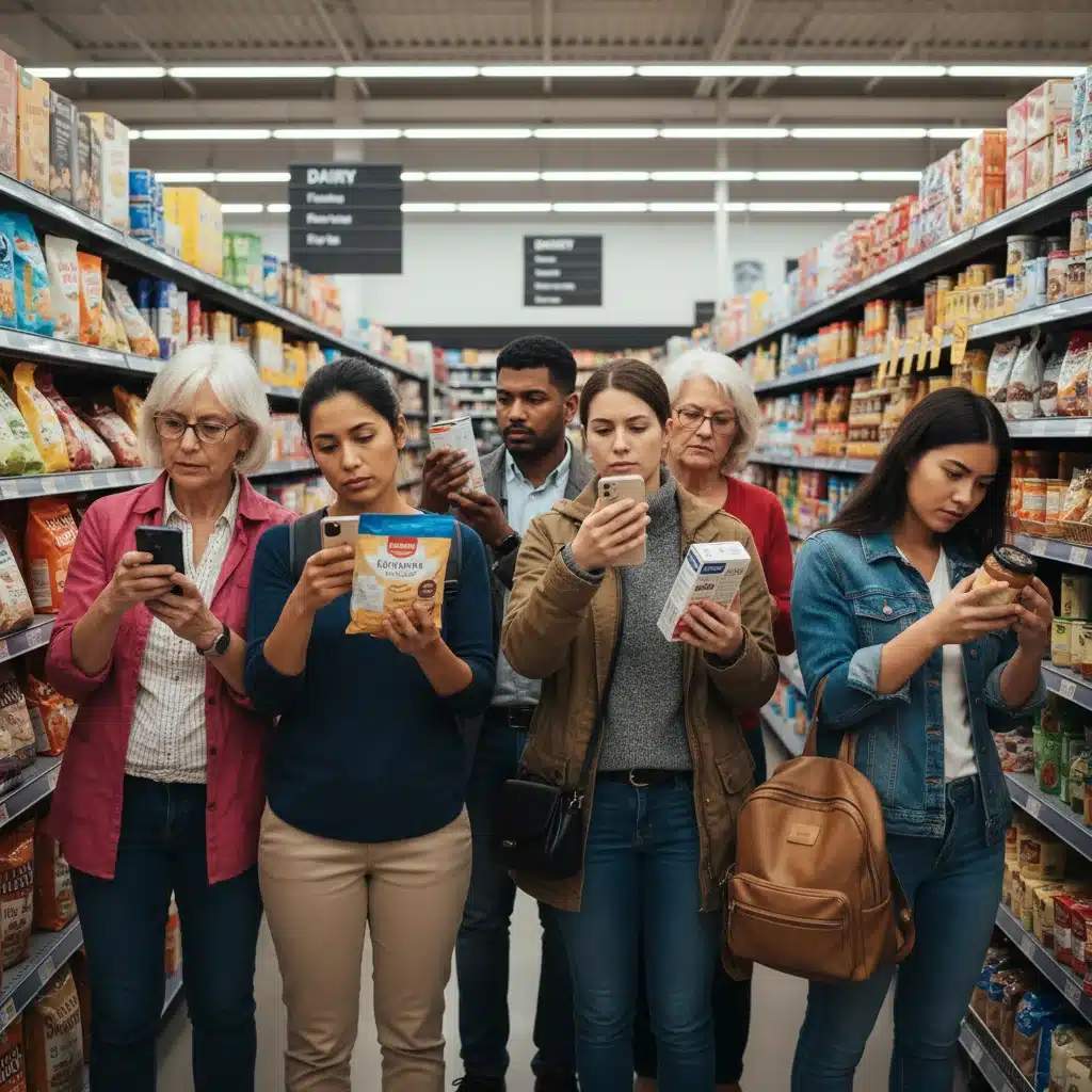 Consumers inspecting product labels in a store aisle for recall information.