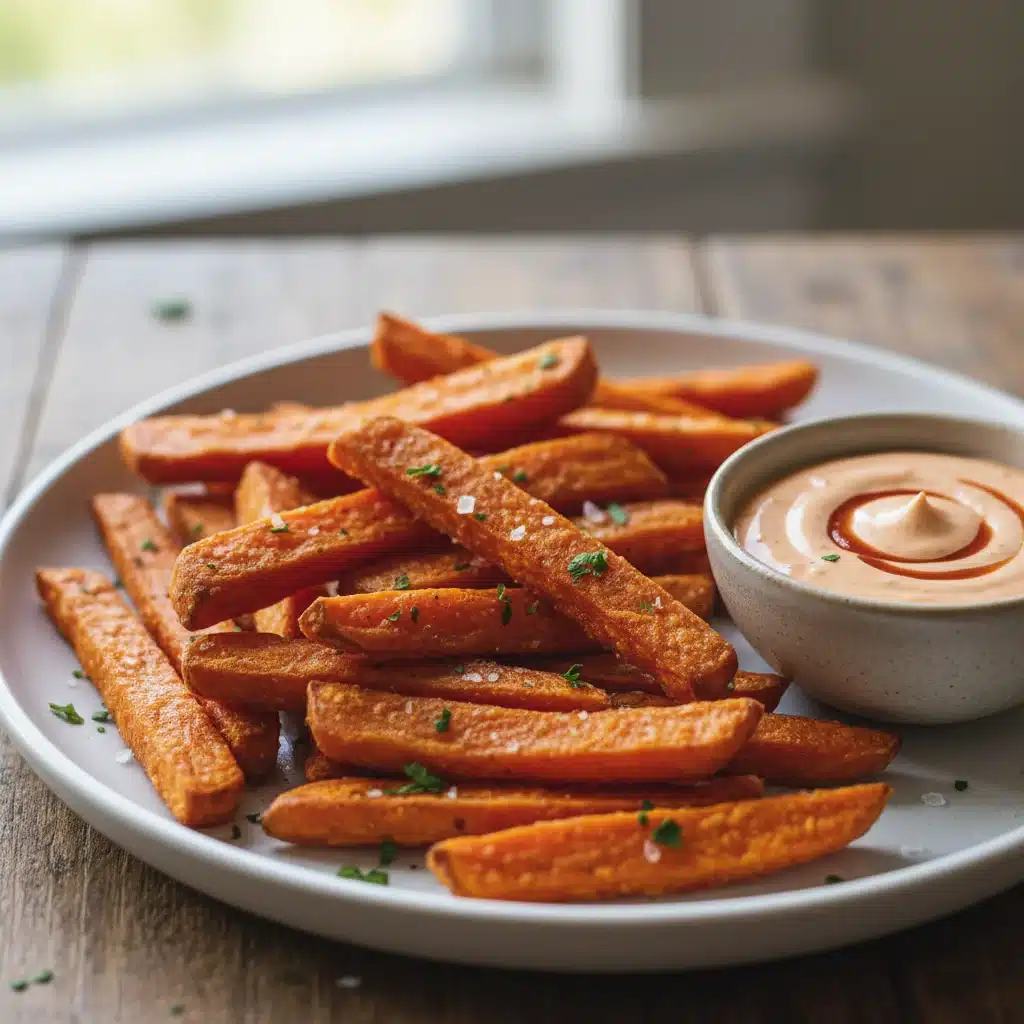 Crispy golden sweet potato fries cooked in an air fryer, served on a white plate.