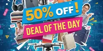 Illustration of a shopping cart overflowing with discounted items and digital '50% Off' signs, representing daily deal websites.