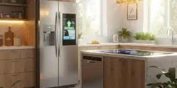 Modern kitchen with energy-efficient appliances, symbolizing utility bill savings and sustainability.