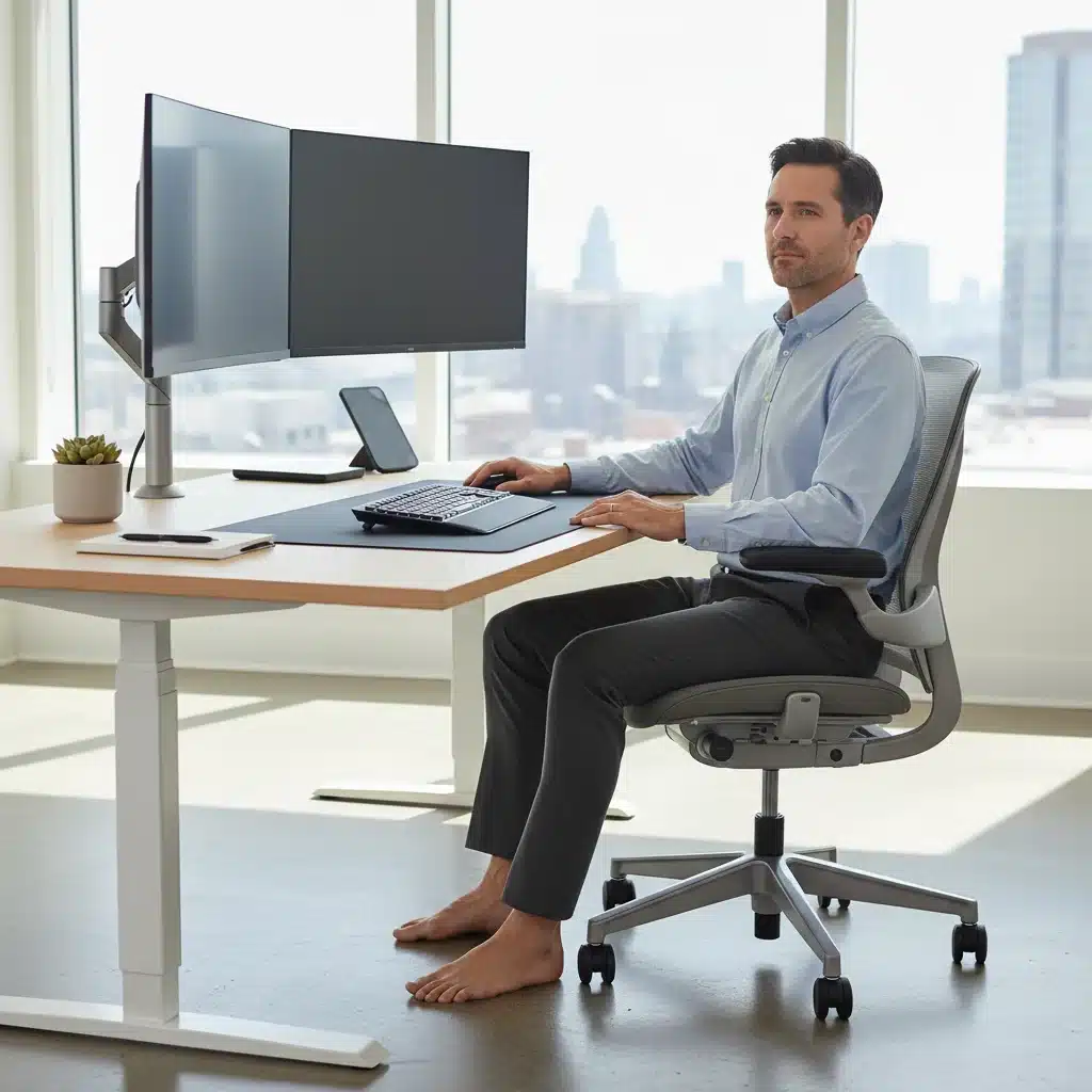 Ergonomic posture at an adjustable standing desk with dual monitors