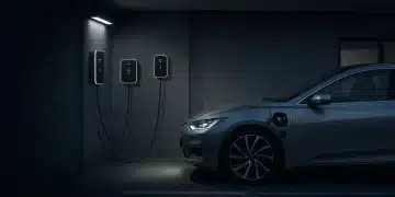 Electric vehicle charging in a modern home garage at night
