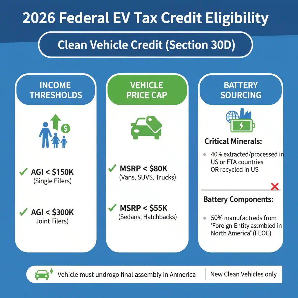 Infographic detailing 2026 federal electric vehicle tax credit eligibility requirements.