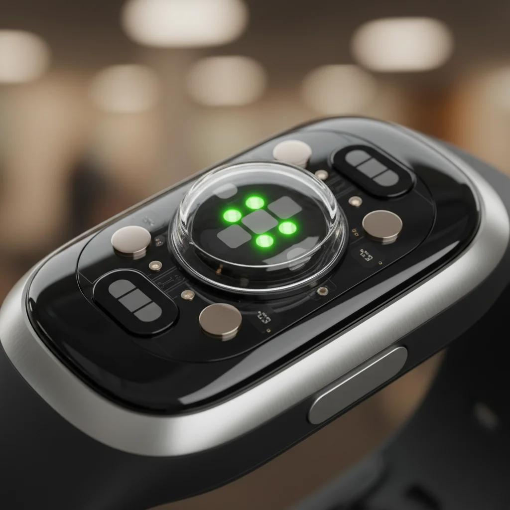 Advanced sensors on the back of a fitness tracker, emphasizing heart rate and temperature monitoring.