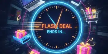 Clock ticking down with glowing product icons, representing flash deals.