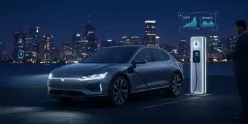 Futuristic electric vehicle charging at a modern station in a city, symbolizing advanced EV technology and accessible infrastructure.
