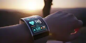 Futuristic fitness tracker on a wrist displaying health data during an outdoor workout.