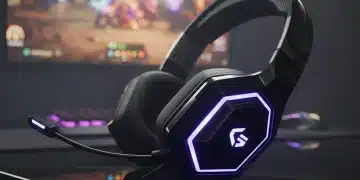 Futuristic gaming headset with LED lights on a reflective surface