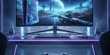 Futuristic next-gen gaming console setup with immersive display and advanced peripherals.
