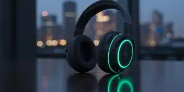 Futuristic noise-cancelling headphones with glowing accents on a reflective surface against a blurred city background.