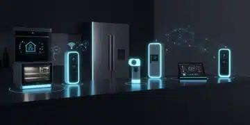 Five futuristic smart kitchen appliances on a modern countertop, showcasing advanced technology and seamless integration.