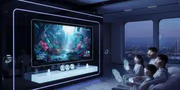Futuristic living room with large 2026 Smart TV displaying high-resolution content