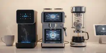 Three innovative coffee makers on a modern kitchen counter, showcasing advanced design and smart features.