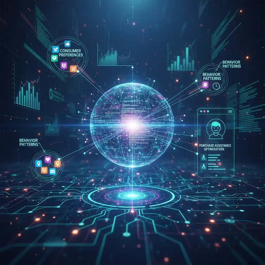 Machine learning algorithms analyzing consumer data for optimized purchase assistance.