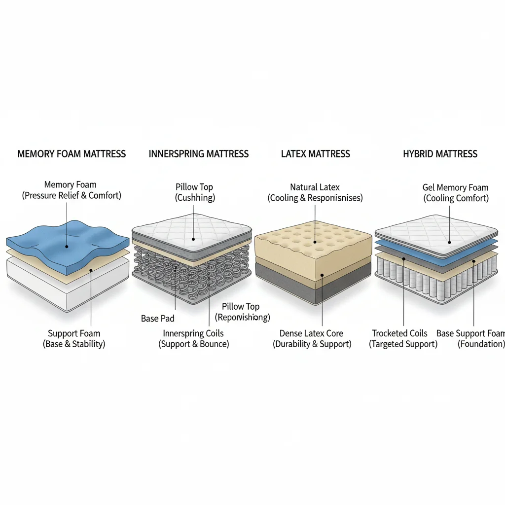 Detailed diagram showing the various internal layers of different mattress types including memory foam, innerspring, latex, and hybrid designs.