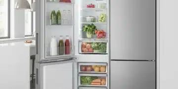 Modern stainless steel French door refrigerator with fresh food inside.