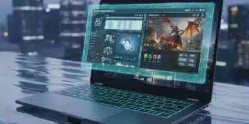 Modern laptop displaying work and gaming applications on a futuristic desk.
