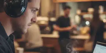 Person wearing modern noise-canceling headphones in a busy cafe, focused on laptop