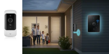 Modern smart home with integrated security system and family enjoying peace of mind