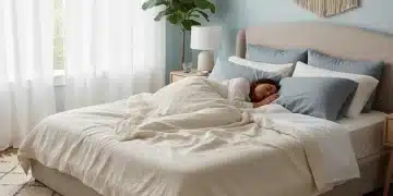 Person peacefully sleeping on a luxurious, technologically advanced mattress in a serene bedroom setting, indicating deep rest.