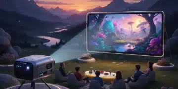 Futuristic portable projector displaying vivid outdoor movie scene
