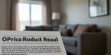 Product recall notice on a table, symbolizing consumer safety awareness in a home setting.