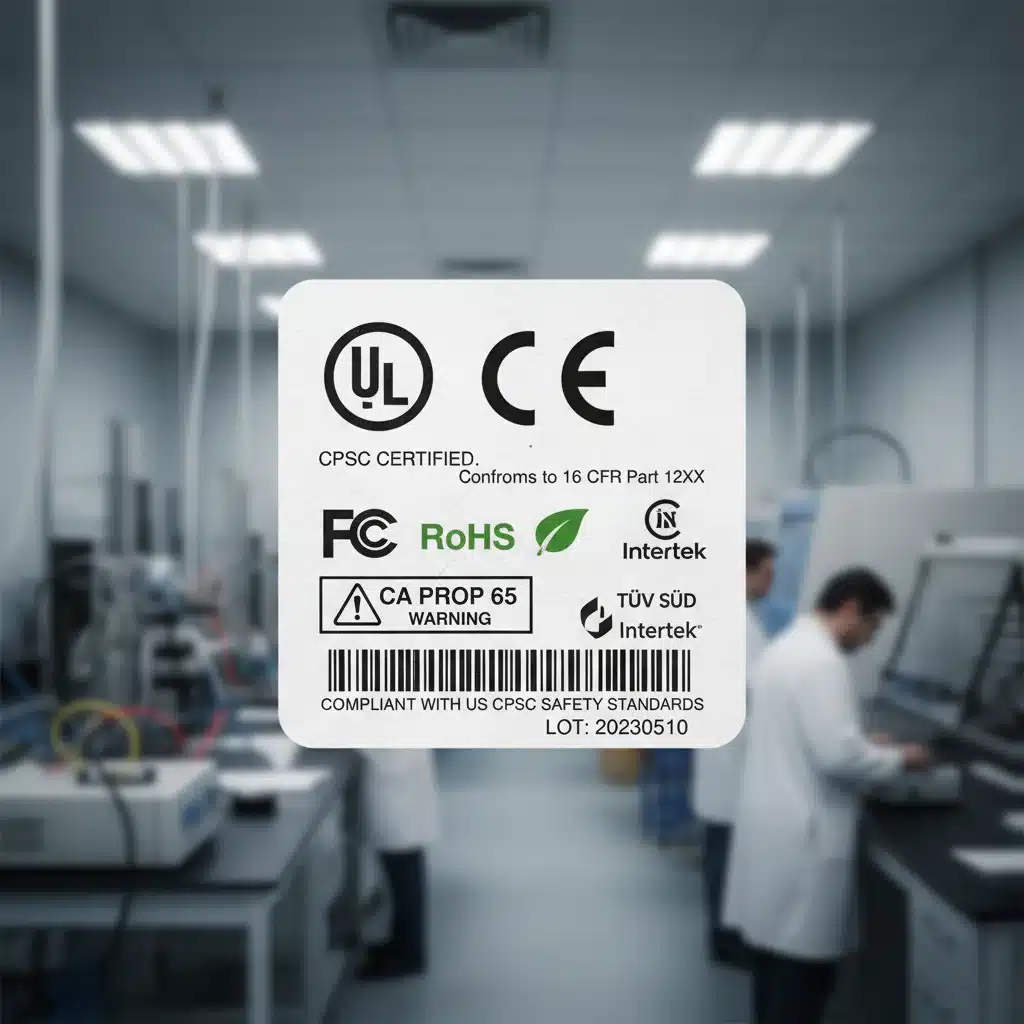 Product label with safety certifications, indicating CPSC compliance and rigorous testing.