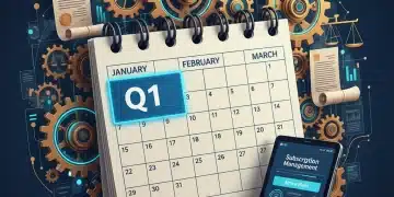 Q1 2026 calendar with legal documents and gears, symbolizing new subscription auto-renewal regulations.