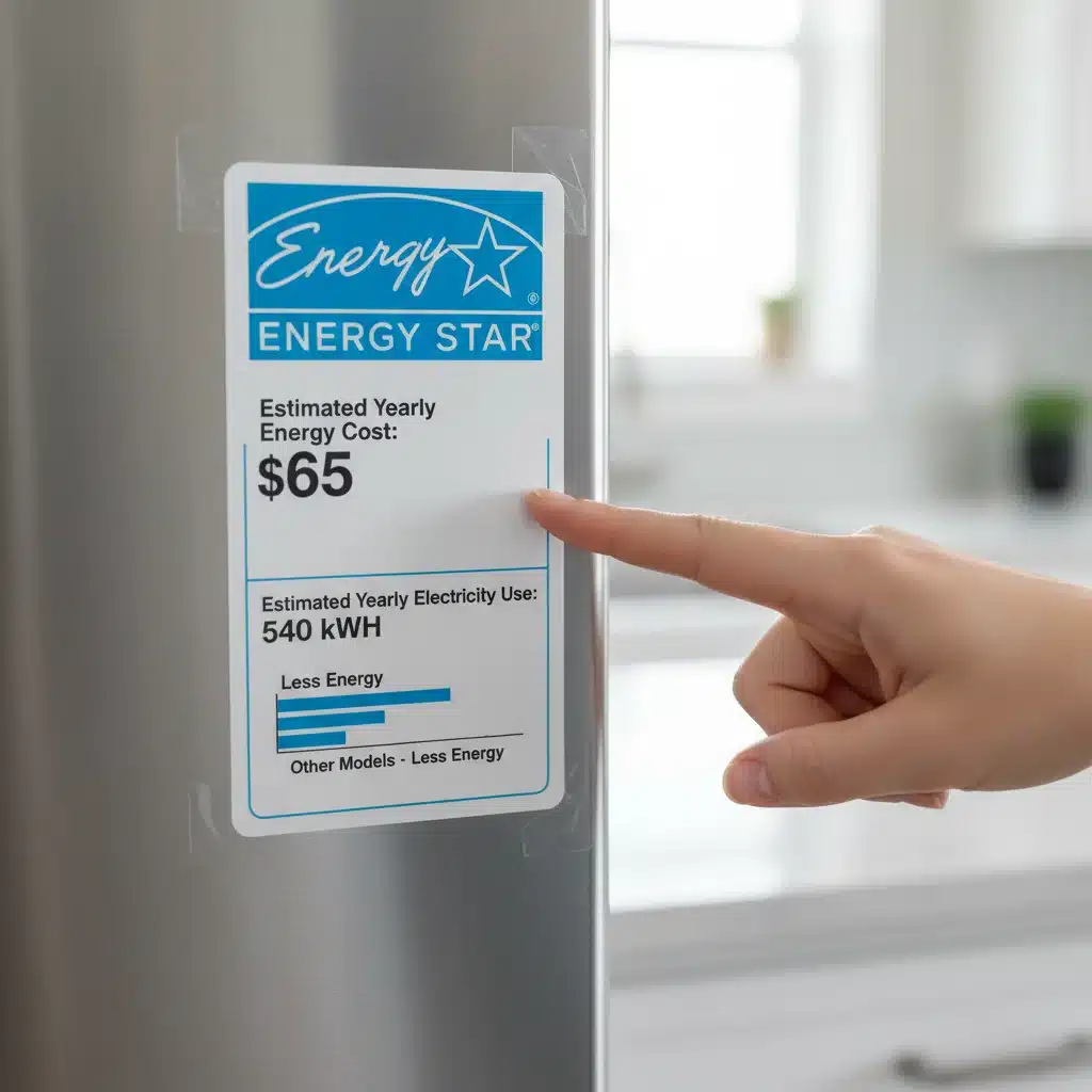 Energy Star label on a new refrigerator indicating energy efficiency.