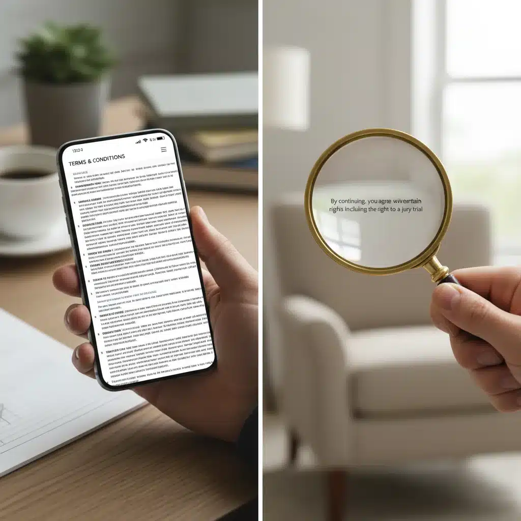 Person reviewing complex digital terms and conditions on a smartphone with a magnifying glass.
