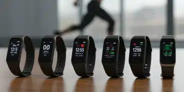Six diverse fitness trackers on a modern desk, showcasing their screens and designs, ready for review.