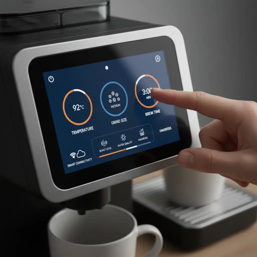 Smart coffee maker's touchscreen interface showing customizable brewing settings and connectivity options.