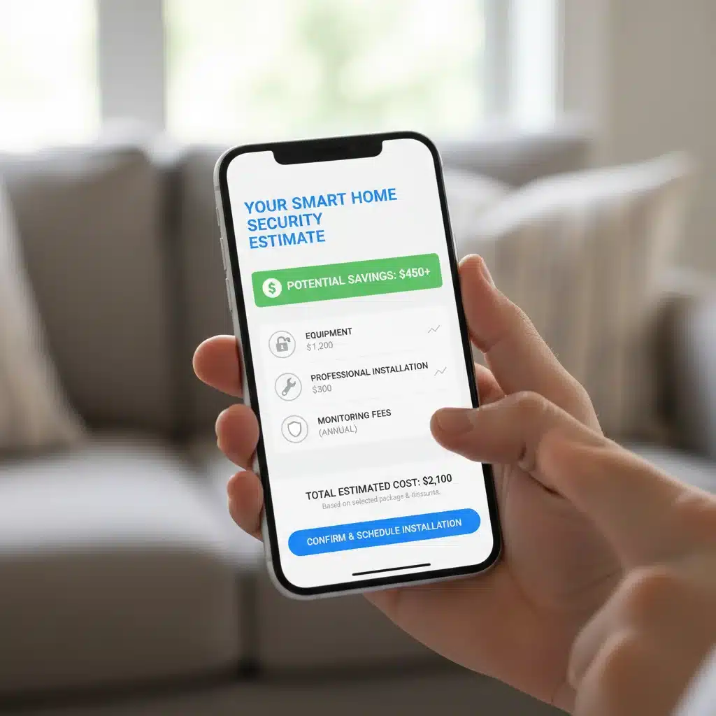Mobile app showing smart home security installation costs and savings