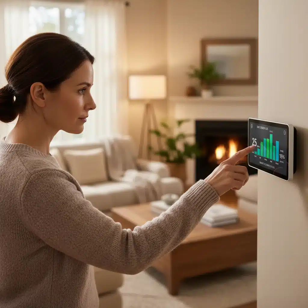 Homeowner checking smart thermostat for energy consumption data.