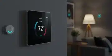 Modern smart thermostat display showing energy savings data in a stylish home