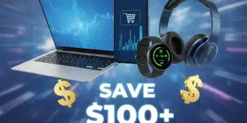 Illustration of diverse tech gadgets and a '$100+ Savings' badge, highlighting 2026 tech bundle deals.