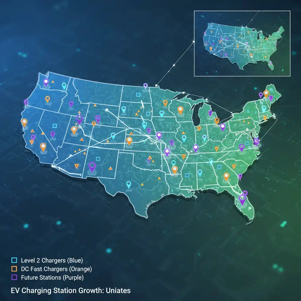 Map of US showing expanded electric vehicle charging station network and infrastructure growth.