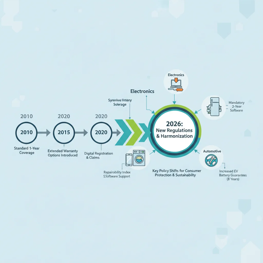 Timeline infographic detailing significant manufacturer warranty policy changes leading up to and including 2026.
